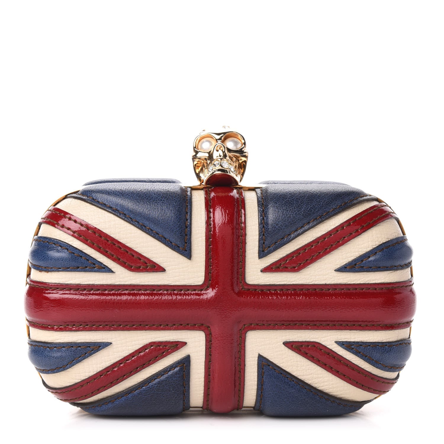 Alexander McQueen Patent Calfskin Britannia Skull Box Clutch Red Blue 1 of 9