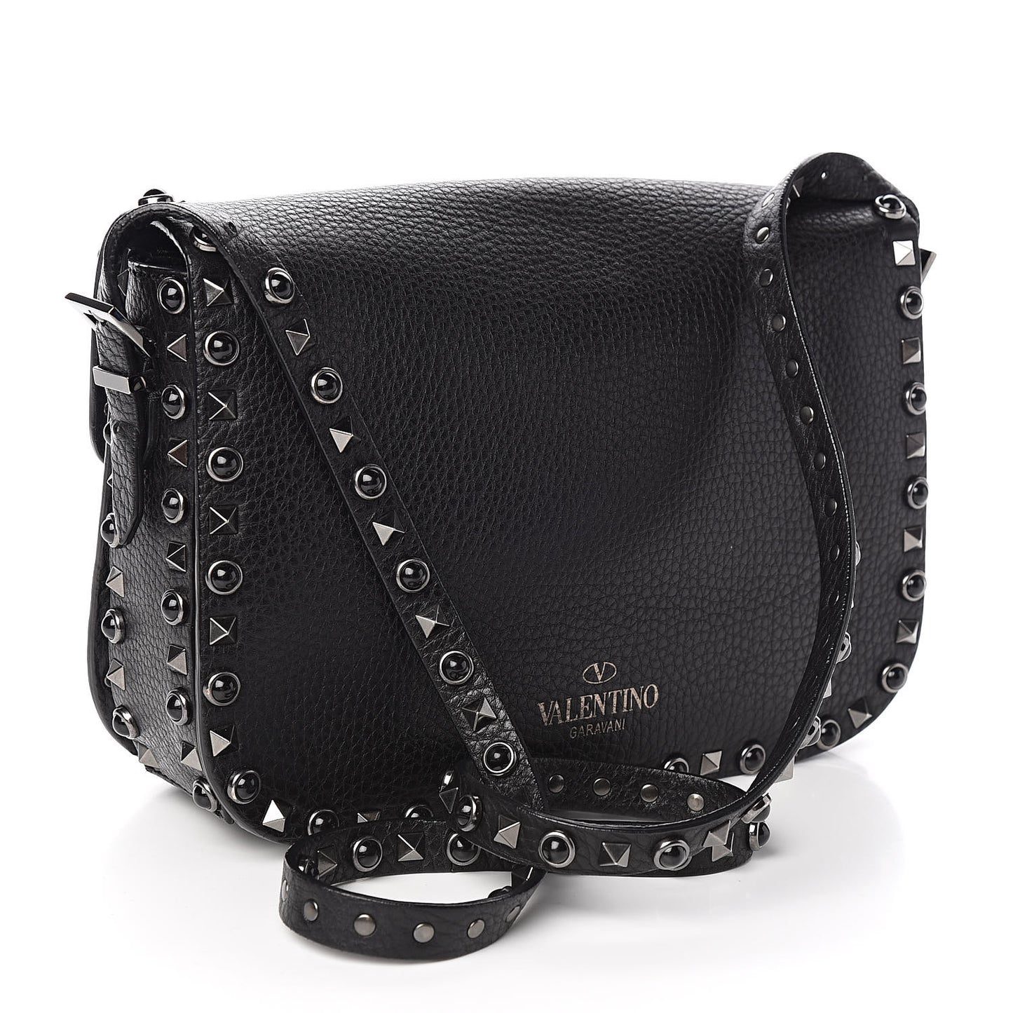Pebbled Calfskin Onyx Medium Rockstud Rolling Flap Saddle Bag Black