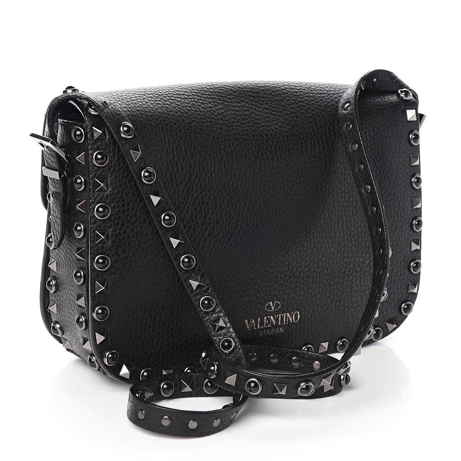 Valentino Garavani Pebbled Calfskin Onyx Medium Rockstud Rolling Flap Saddle Bag Black 3 of 9