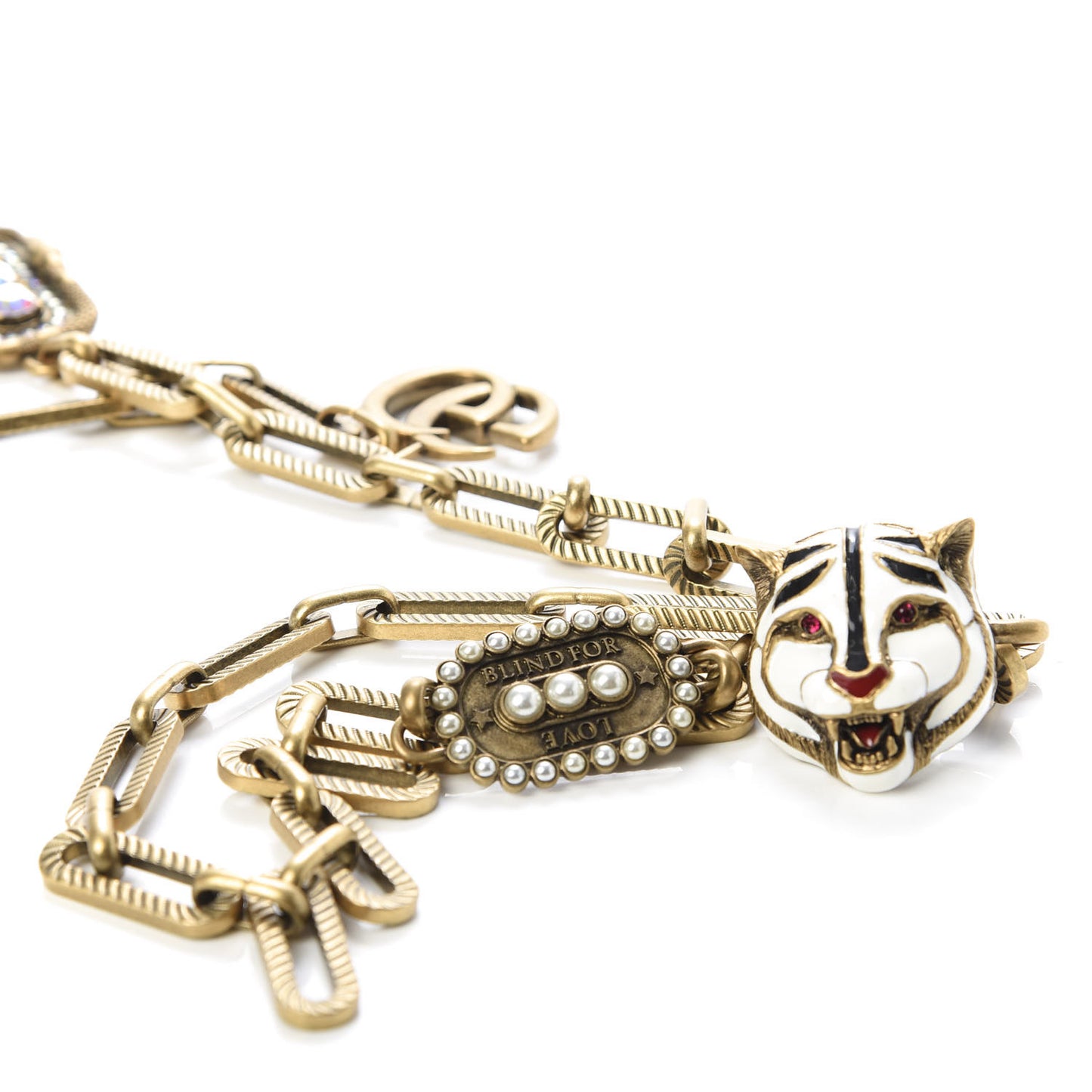 Metal Crystal Pearl Tiger Head Chain Belt Aged Gold