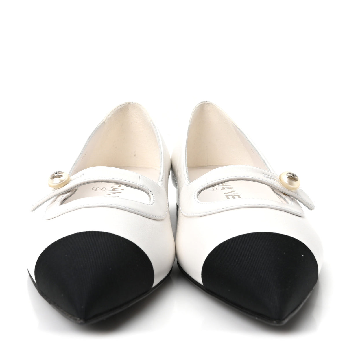 Shiny Lambskin Grosgrain Pearl Mary Janes Flats 36 White Black