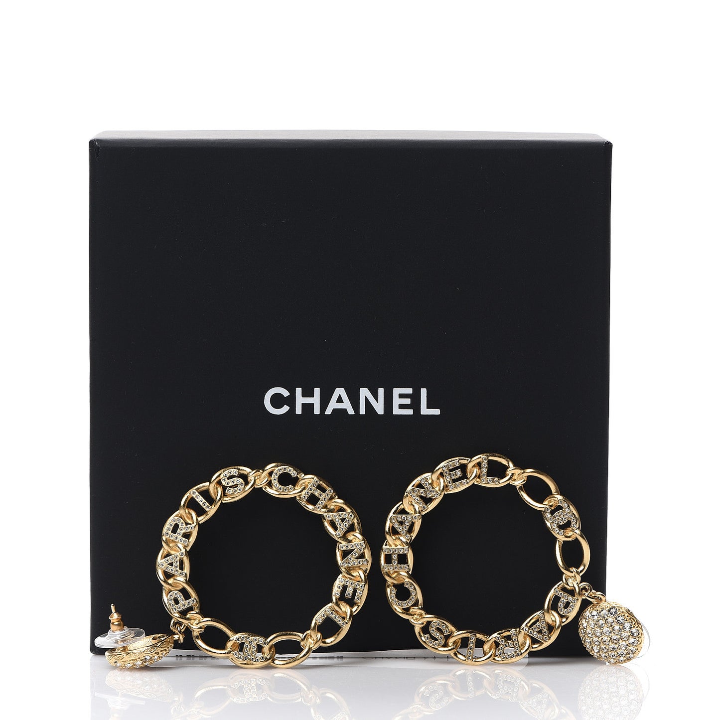 Metal Crystal CC Paris Chain Link Hoop Earrings Gold