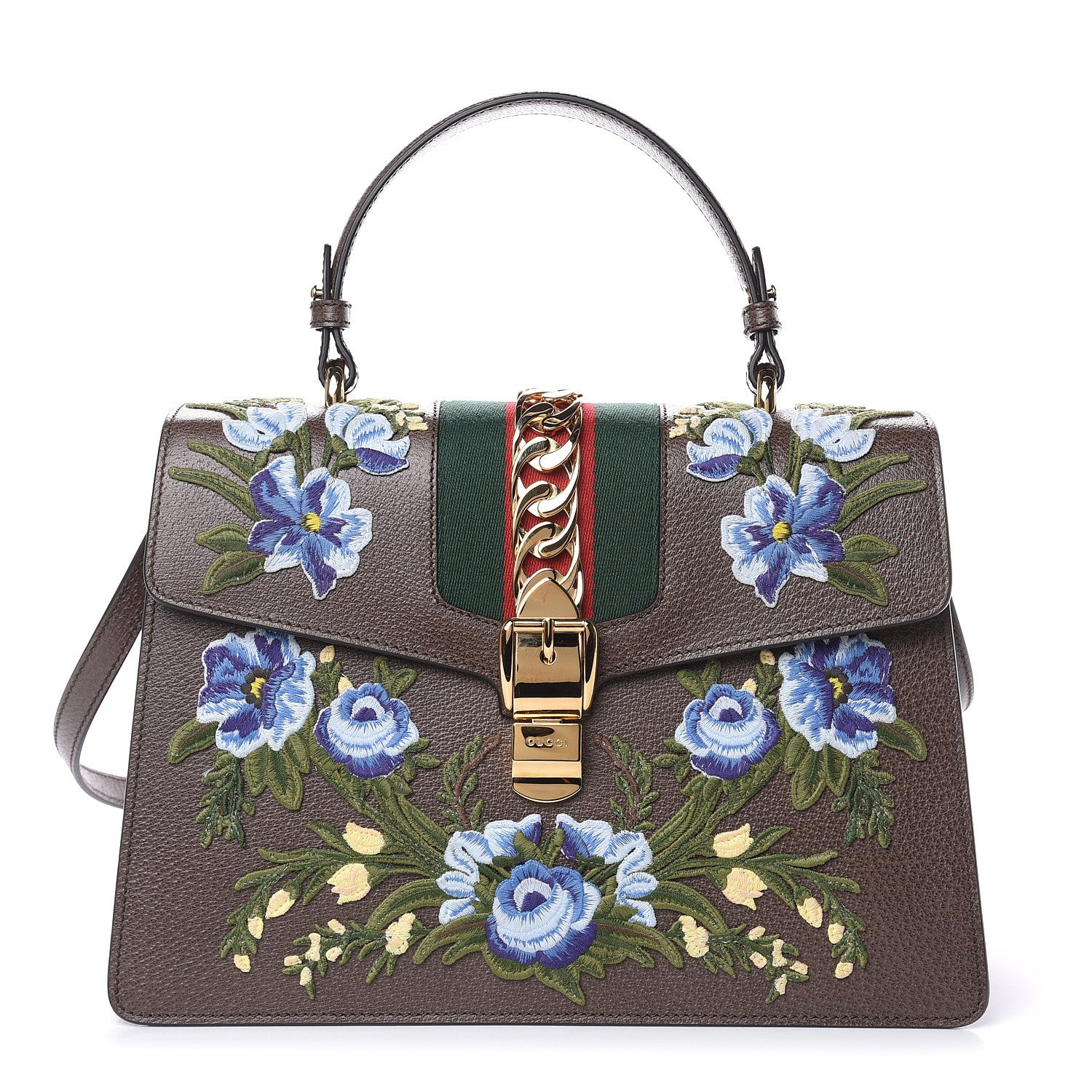 Gucci Calfskin Embroidered Medium Sylvie Top Handle Bag New Acero Multicolor 1 of 9