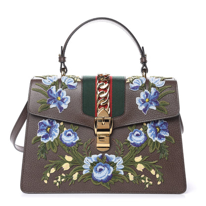 Gucci Calfskin Embroidered Medium Sylvie Top Handle Bag New Acero Multicolor 1 of 9
