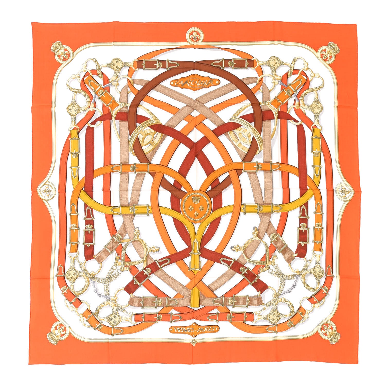 Hermes Cashmere Silk Cavalcadour Shawl 140 Orange White Brun 1 of 6