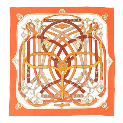 Hermes Cashmere Silk Cavalcadour Shawl 140 Orange White Brun 1 of 6
