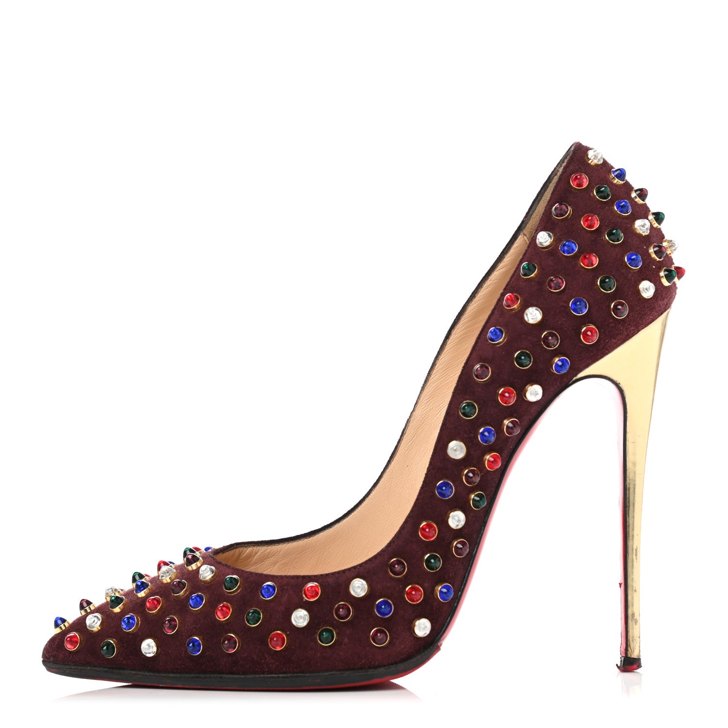 Christian Louboutin Veau Velours Specchio Follies Cabo 100 Pumps 39 Lie De Vin Multi Gold 1 of 11