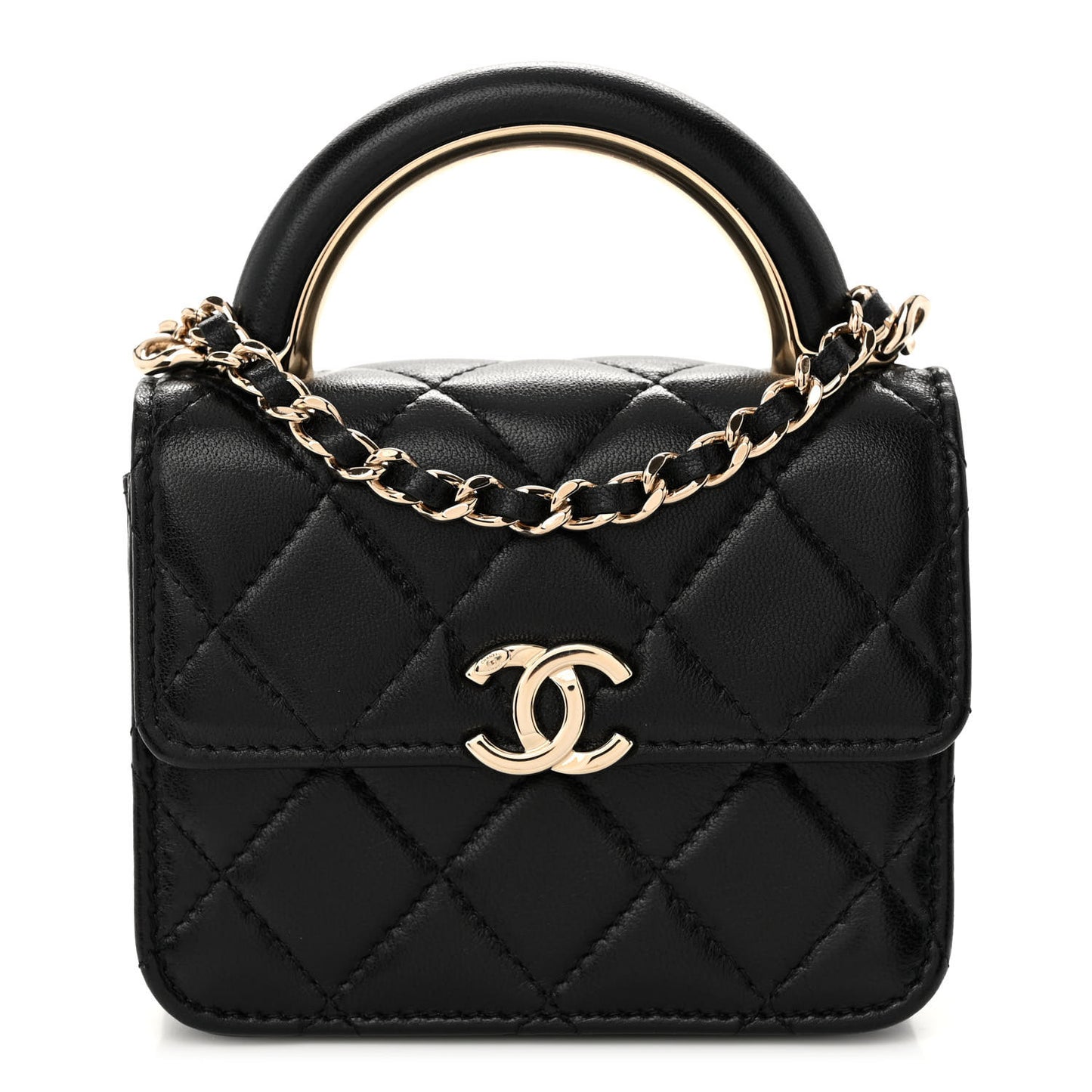 Lambskin Quilted Top Handle Flap Clutch With Chain Black