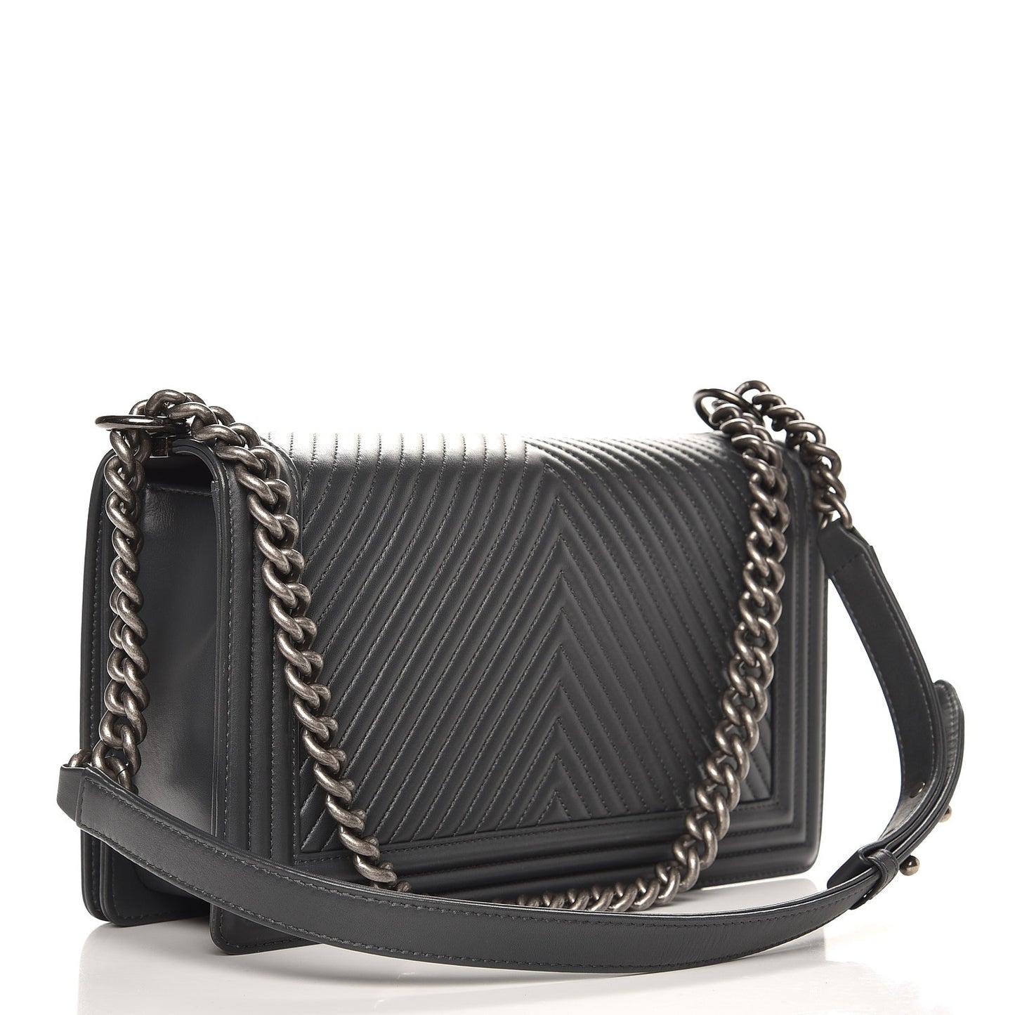 Calfskin Chevron New Medium Boy Flap Dark Grey