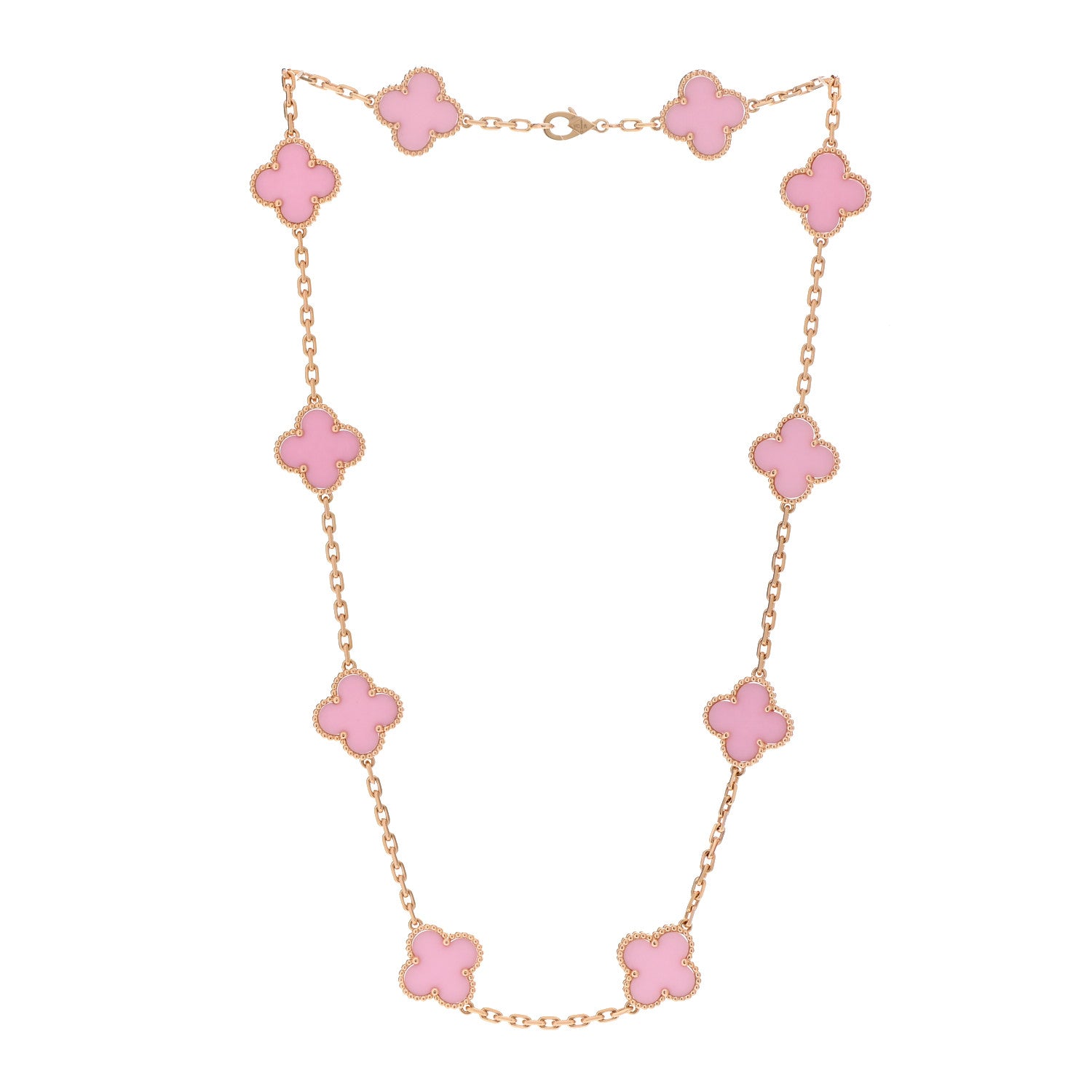 Van Cleef & Arpels 18K Rose Gold Pink Porcelain 10 Motifs Vintage Alhambra Necklace 3 of 7