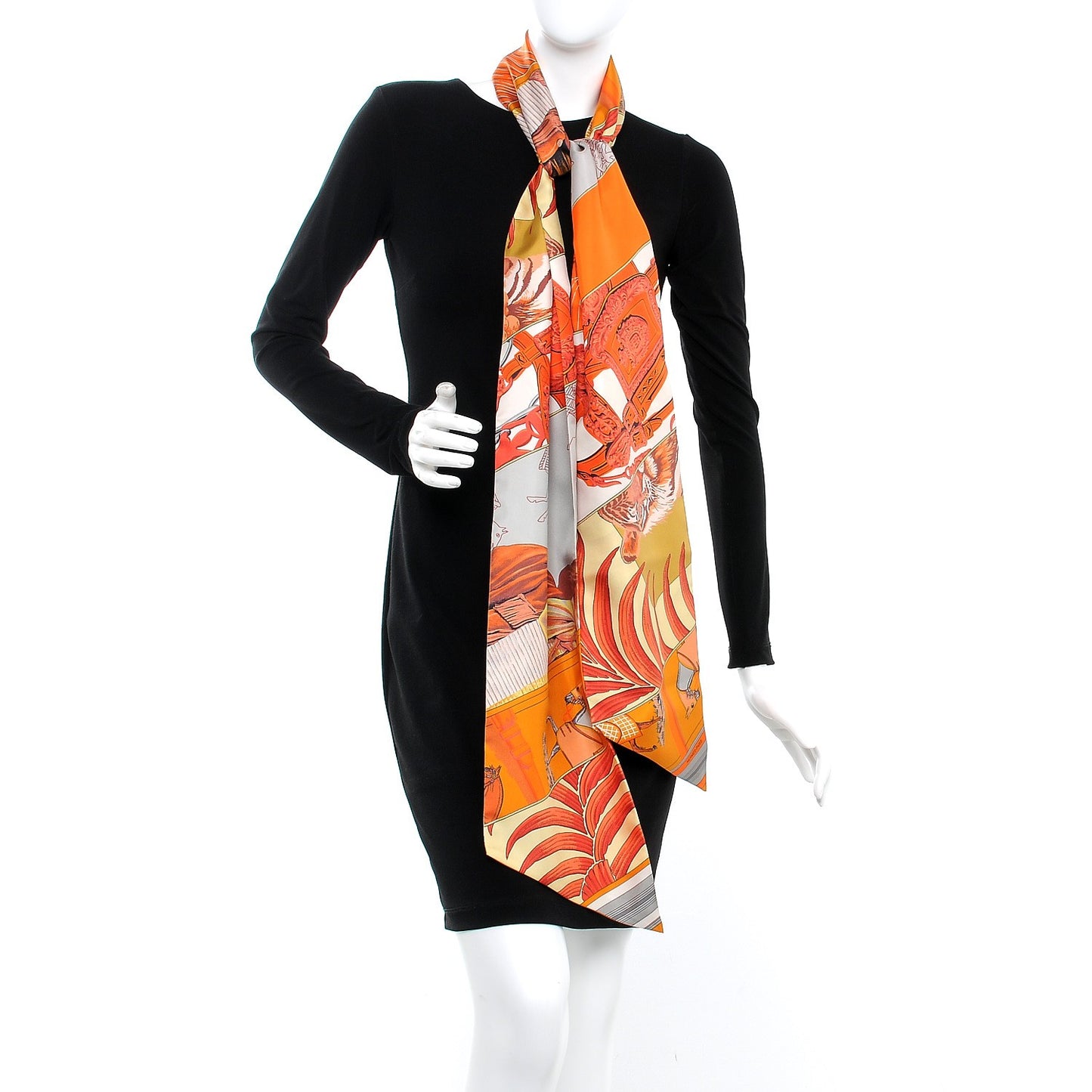 Silk Carre En Carres Maxi Twilly Orange Gris Vieil Or
