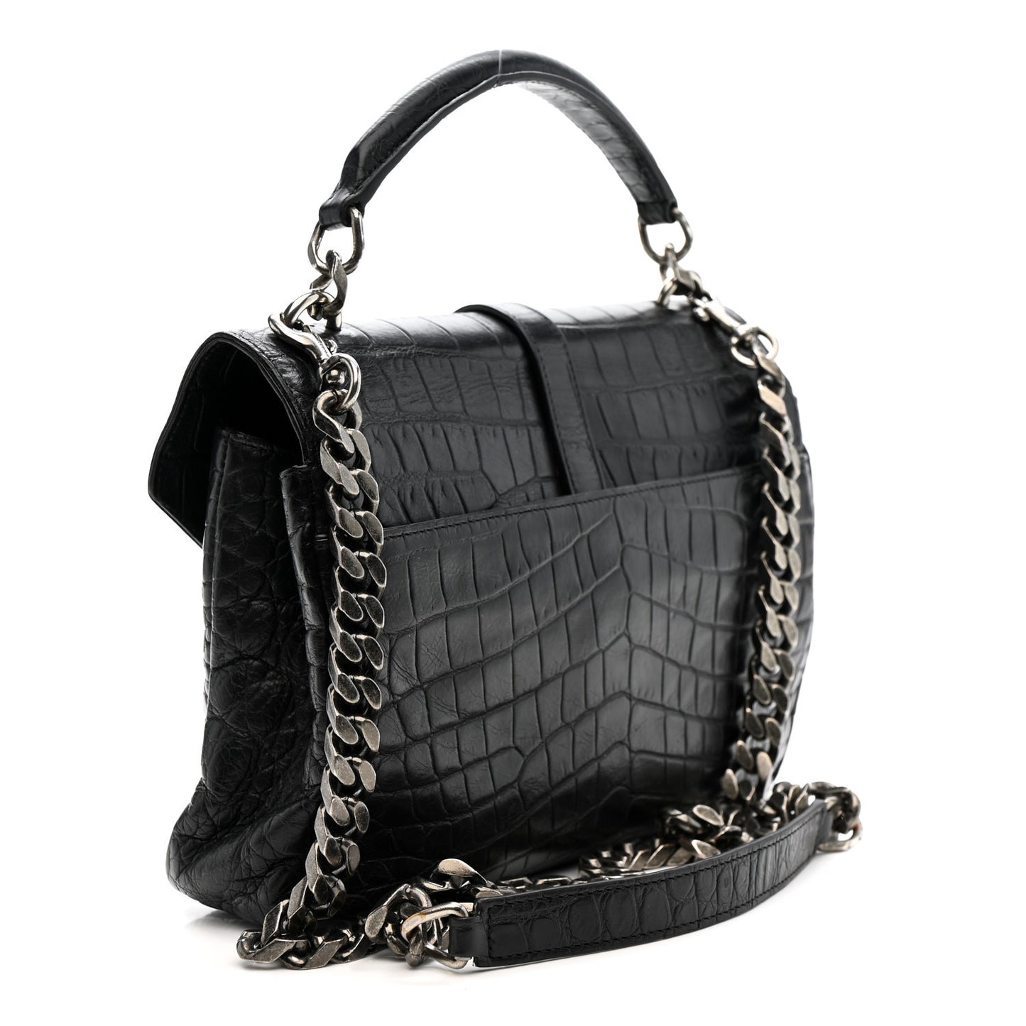 Calfskin Crocodile Embossed Medium College Monogram Satchel Black