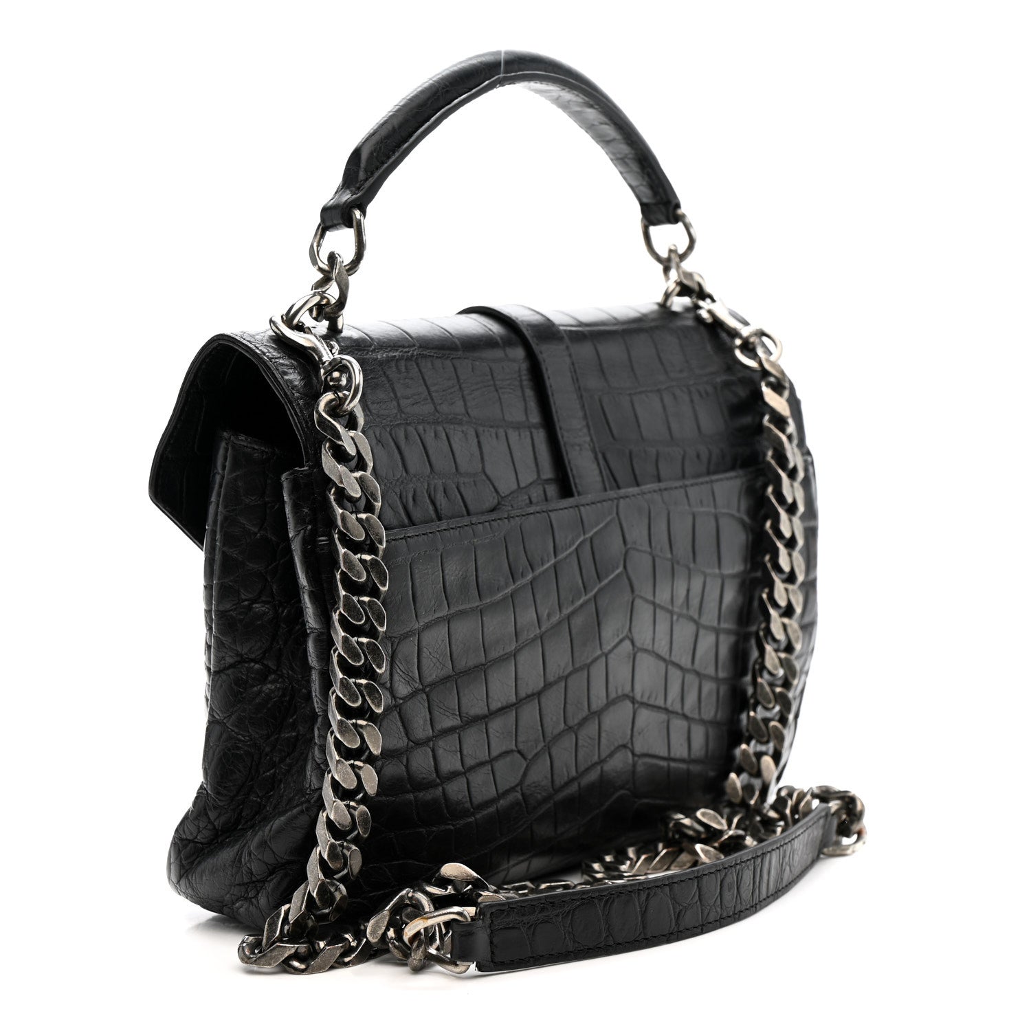 Saint Laurent Calfskin Crocodile Embossed Medium College Monogram Satchel Black 3 of 11
