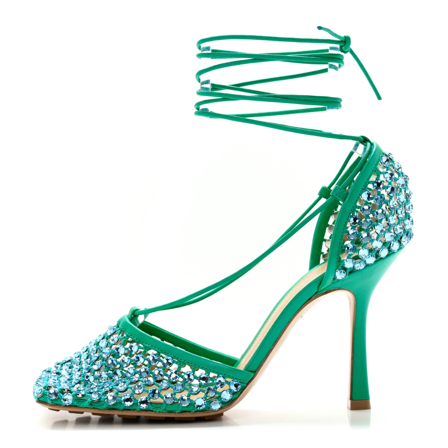 Bottega Veneta Mesh Nappa Crystal Embellished Sparkle Stretch Ankle Tie Sandals 39 Acid Turquoise 1 of 10
