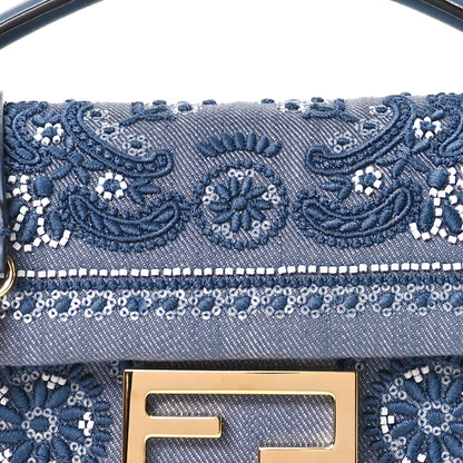 Fendi Denim Embroidered Coral Bandana Mini Baguette Myrtle 8 of 11