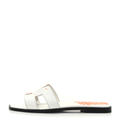 Hermes Calfskin Printed Peinture Fraiche Oran Sandals 37 White Orange 1 of 8