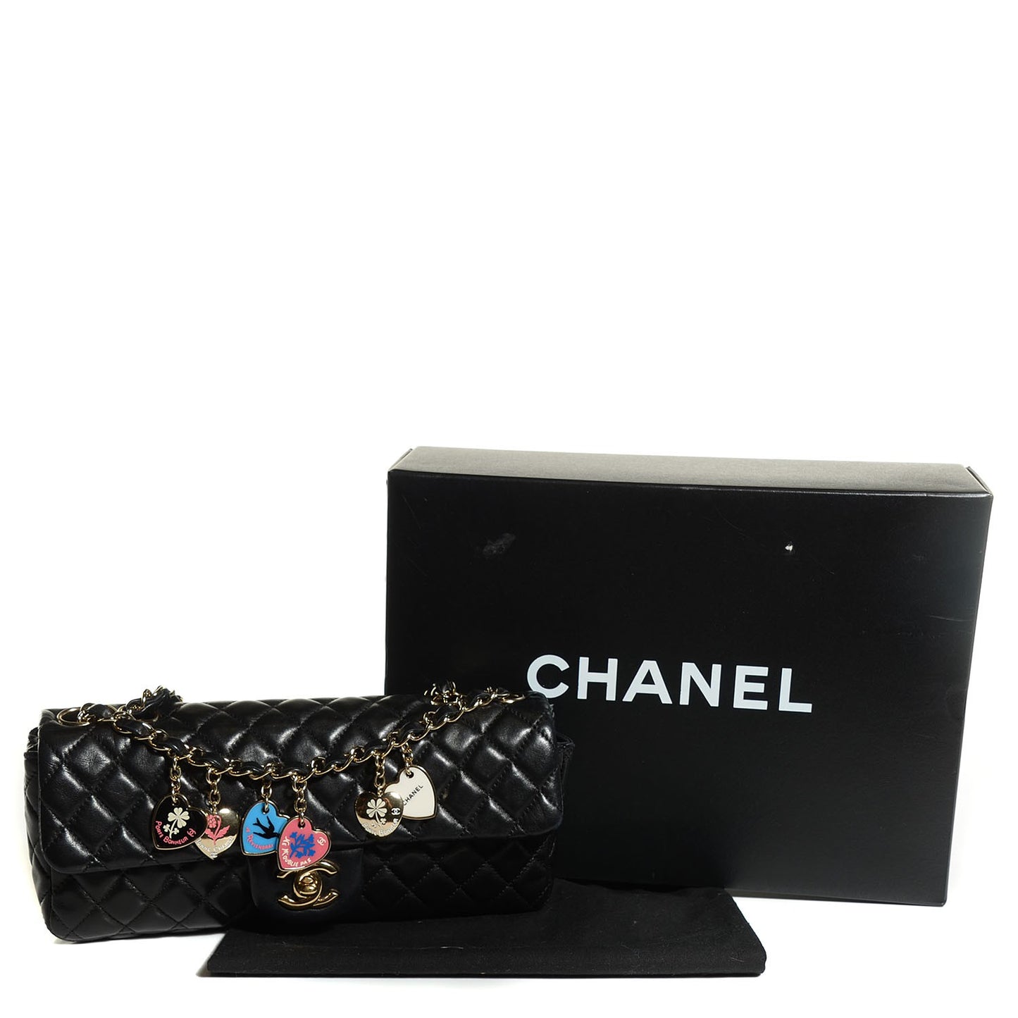 Lambskin Quilted East West Valentine Charms Flap Black