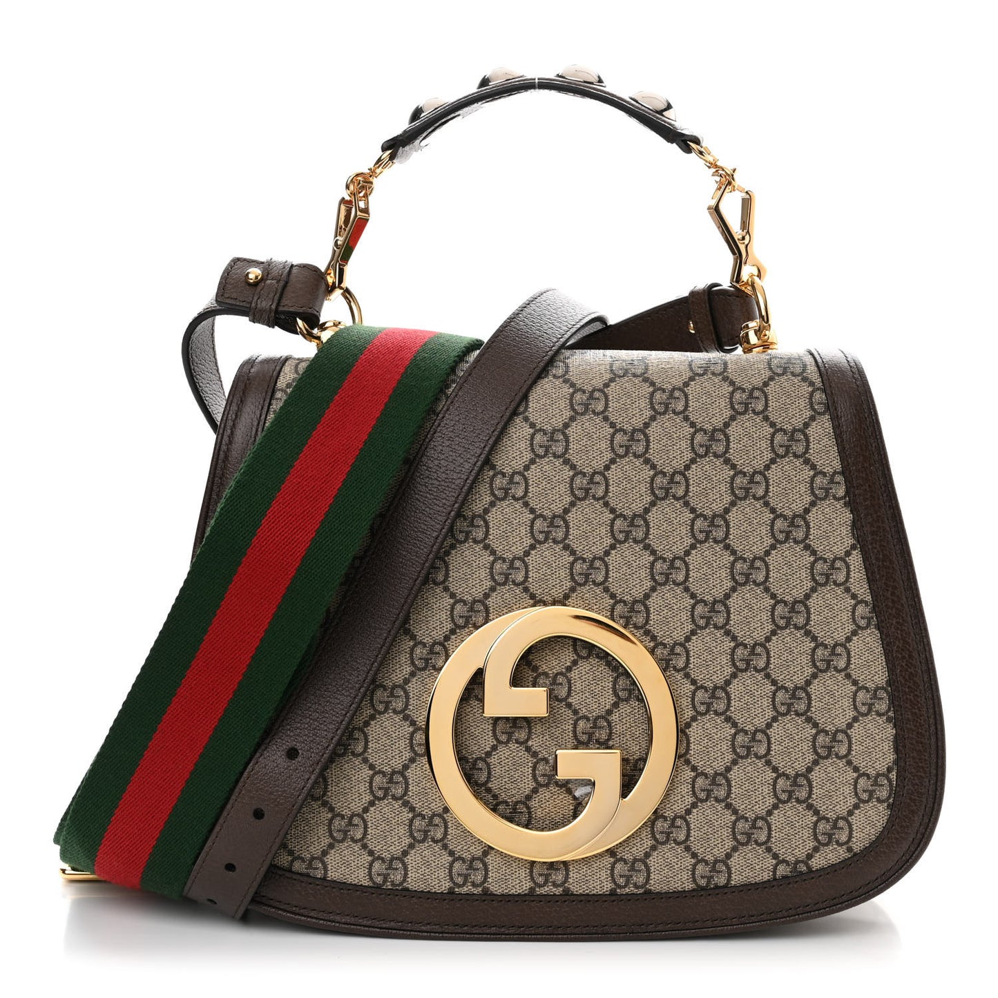 GG Supreme Monogram Textured Dollar Calfskin Web Medium Blondie Top Handle Shoulder Flap Bag Beige Ebony New Acero