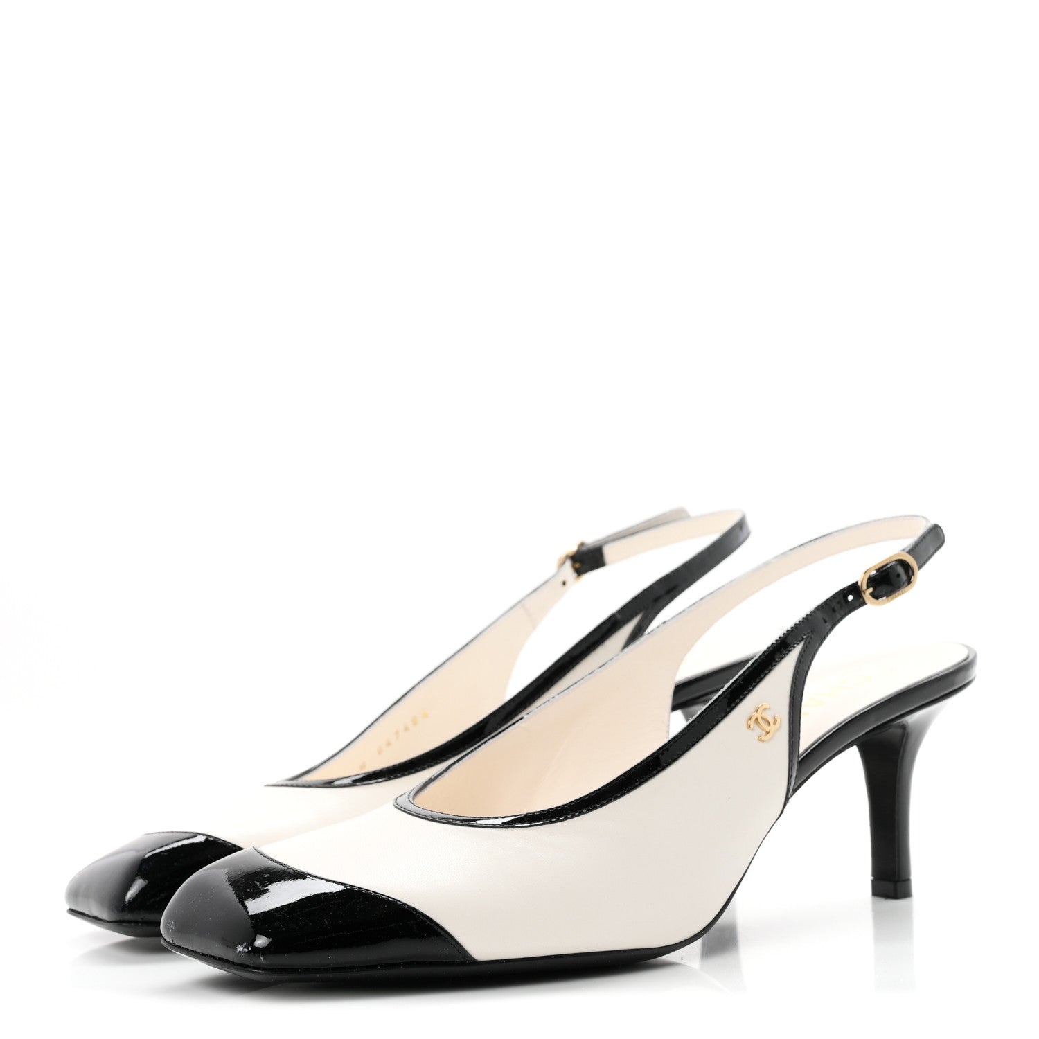 Chanel Lambskin Patent Calfskin Cap Toe CC Slingback Pumps 40 White Black 4 of 10