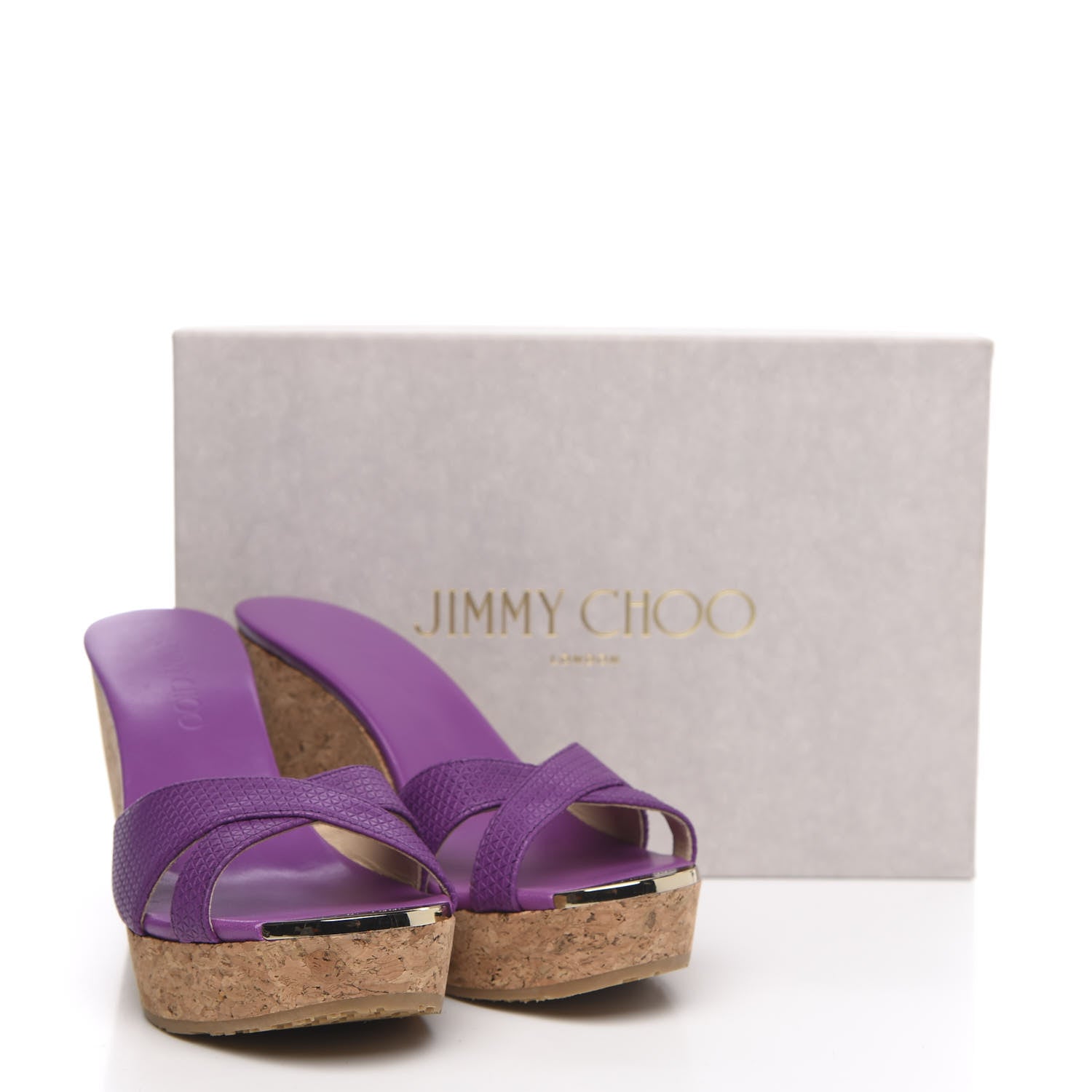 Jimmy Choo Matt Triangle Print Calfskin Embossed Cork Pandora Wedges 38 Purple 9 of 9