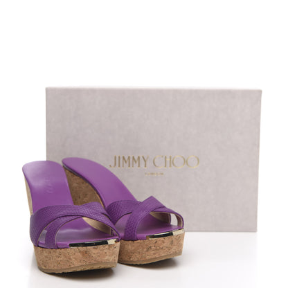 Jimmy Choo Matt Triangle Print Calfskin Embossed Cork Pandora Wedges 38 Purple 9 of 9