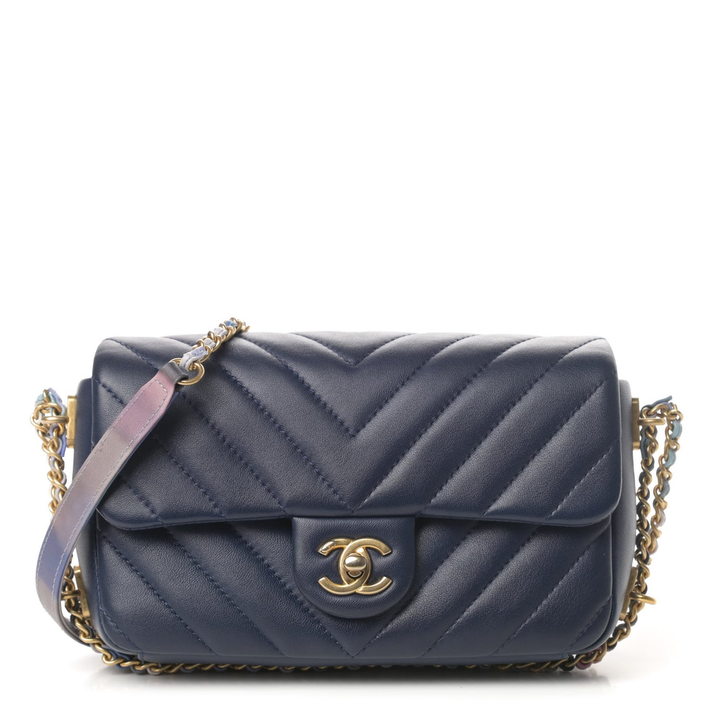Lambskin Chevron Quilted Mini Chain Around Rectangular Flap Blue
