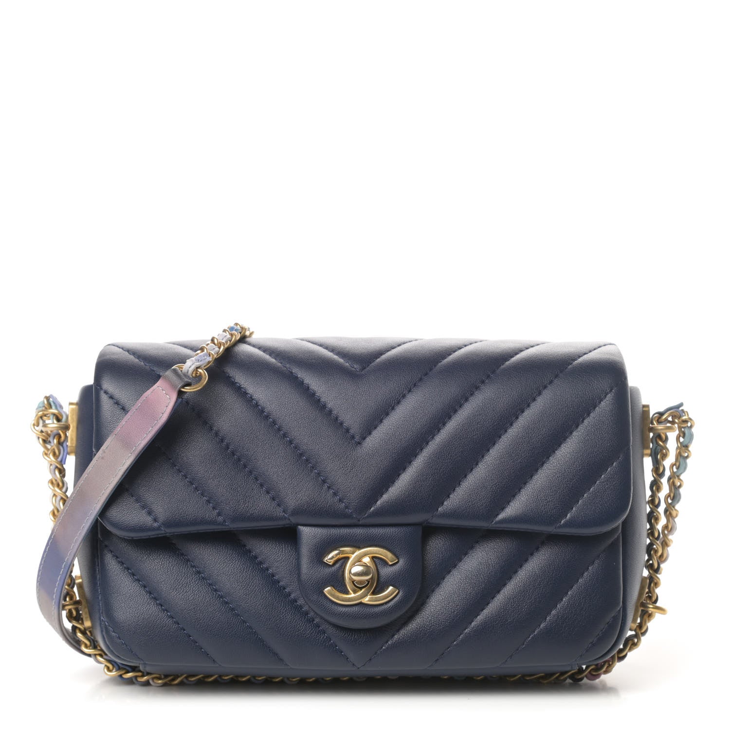 Chanel Lambskin Chevron Quilted Mini Chain Around Rectangular Flap Blue 1 of 10