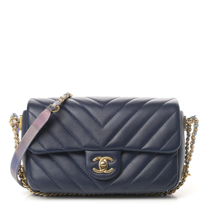 Chanel Lambskin Chevron Quilted Mini Chain Around Rectangular Flap Blue 1 of 10