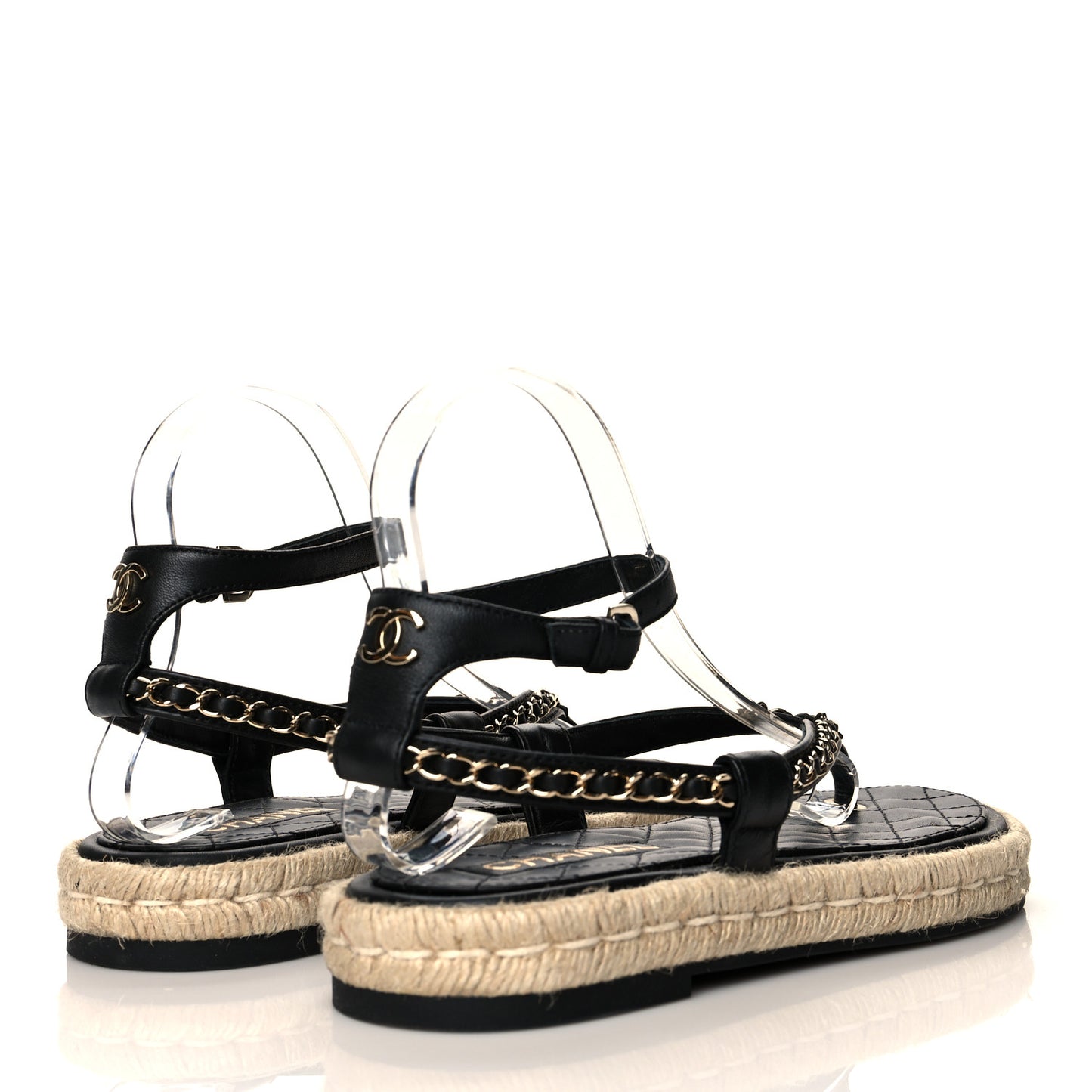 Lambskin Chain CC Thong Espadrille Sandals 38 Black