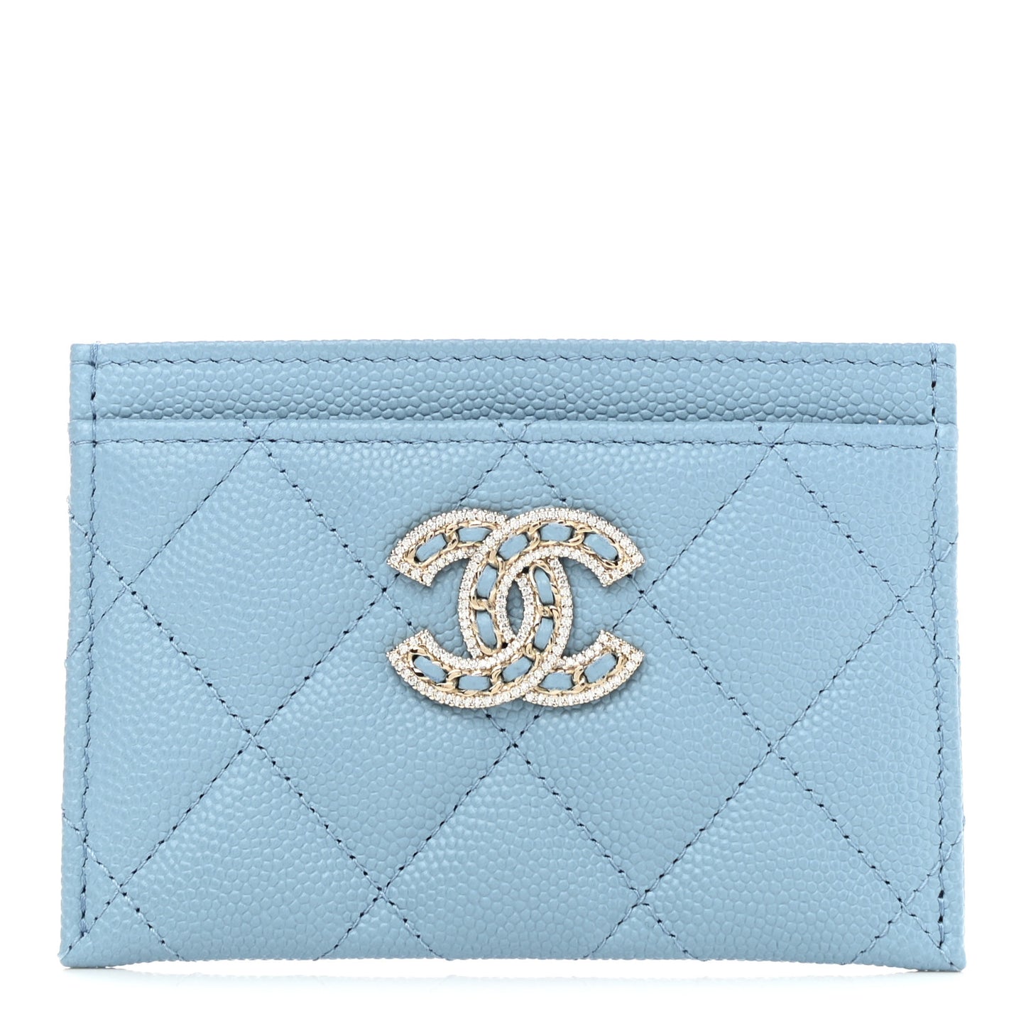Caviar Quilted Crystal Card Holder Light Blue