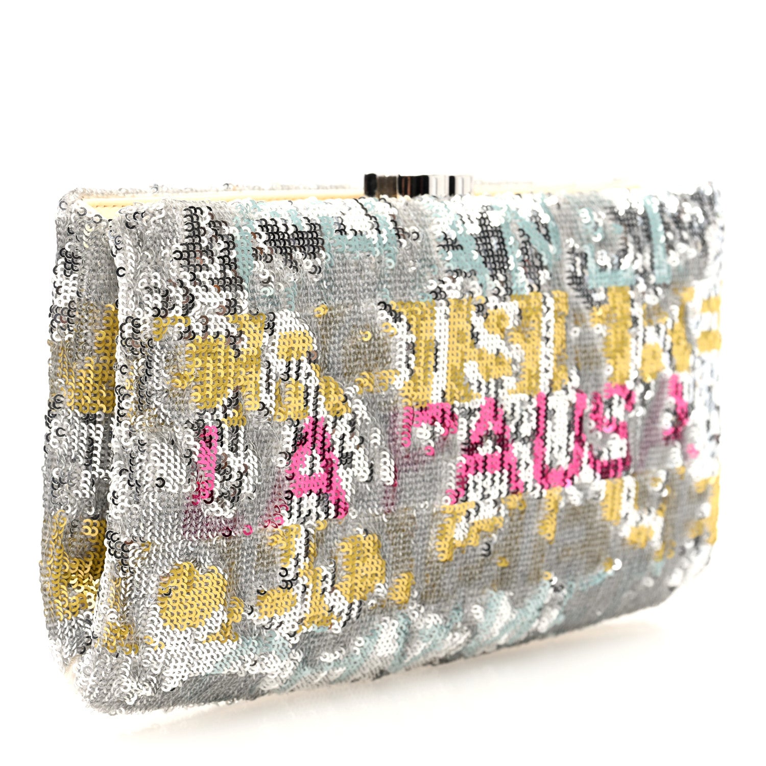 Chanel Sequin Satin Embroidered La Pausa Evening Clutch Silver Yellow Pink 3 of 7