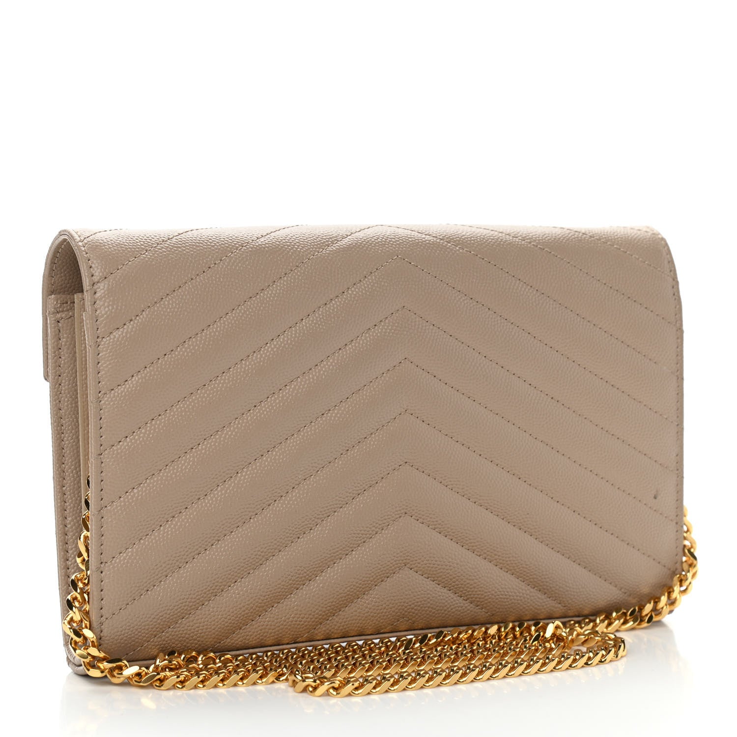 Saint Laurent Grain De Poudre Matelasse Chevron Monogram Chain Wallet Dark Beige 3 of 11