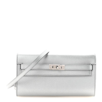 Hermes Metallic Chevre Chamkilight Kelly Wallet To Go Argent 1 of 10