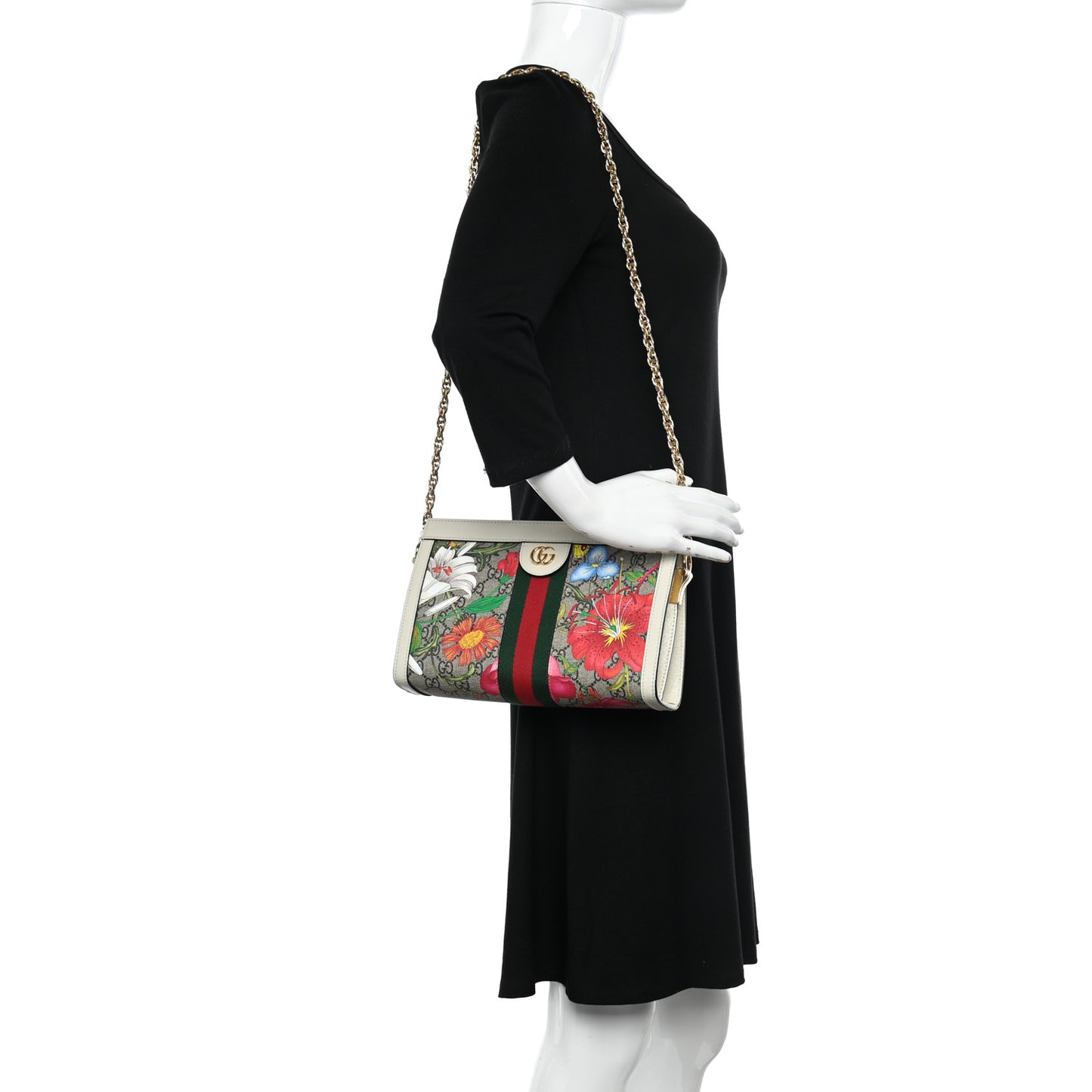 GG Supreme Monogram Flora Web Small Ophidia Chain Shoulder Bag White