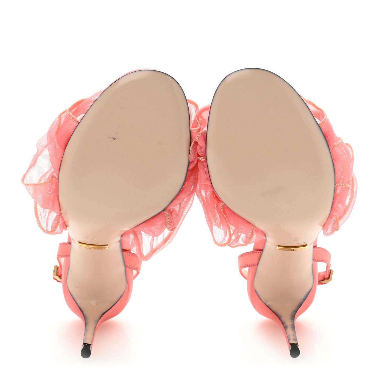 Tulle Ruffle Mid Heel Slingback Sandals 36 Peach White