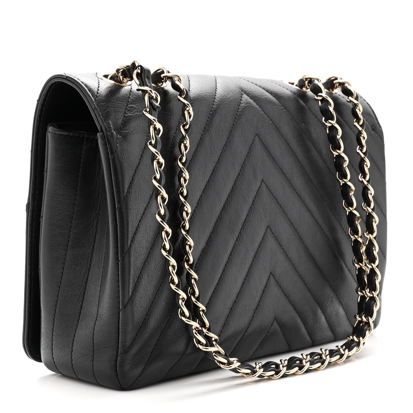 Calfskin Chevron Quilted Medium Statement Flap Black