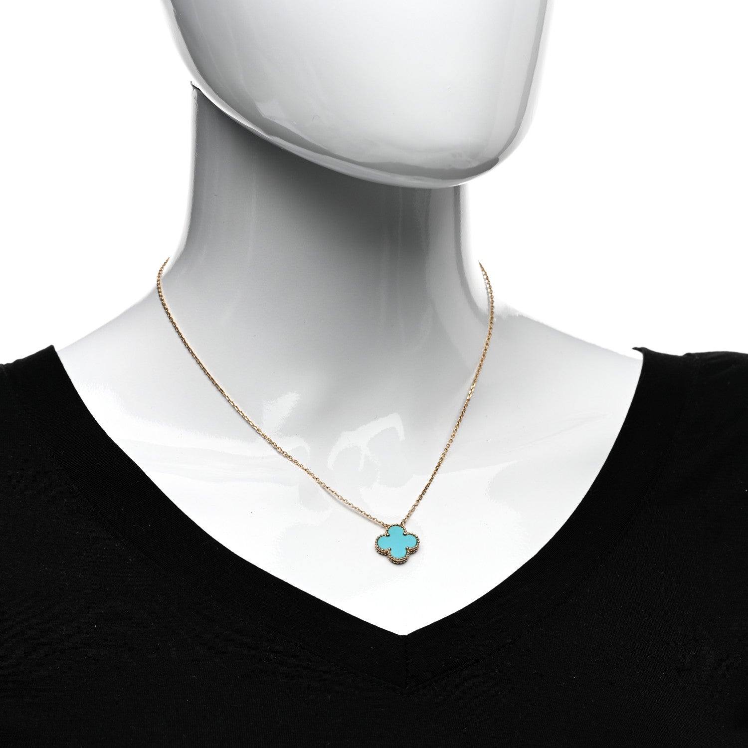 Van Cleef & Arpels 18K Yellow Gold Turquoise Vintage Alhambra Pendant Necklace 2 of 6