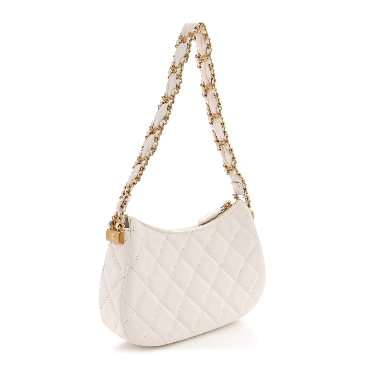 Crumpled Calfskin Quilted Braided CC Small Hobo White