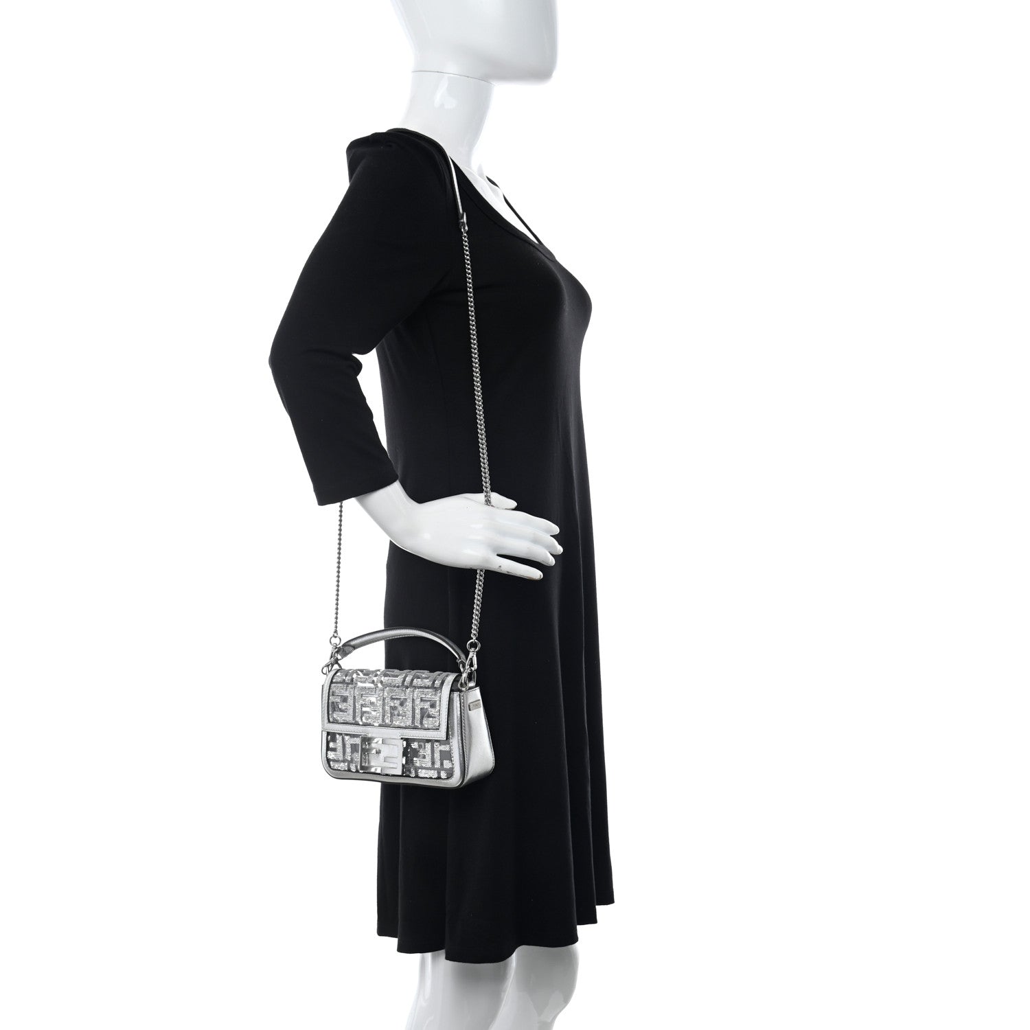 Fendi PVC Vitello Catalan Mirror Sequin FF Mini Baguette Argento 2 of 9