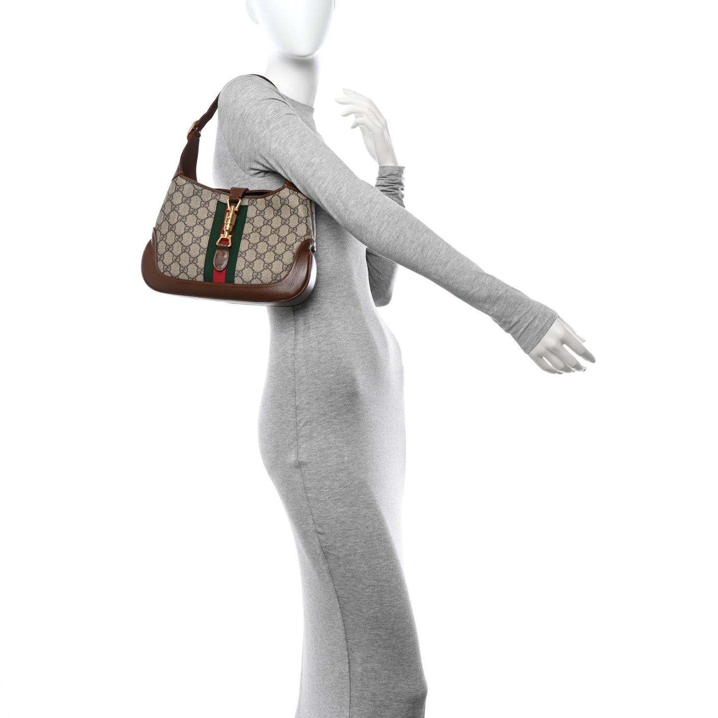 GG Supreme Monogram Azalea Calfskin Web Small Jackie 1961 Hobo Beige Ebony Brown Sugar