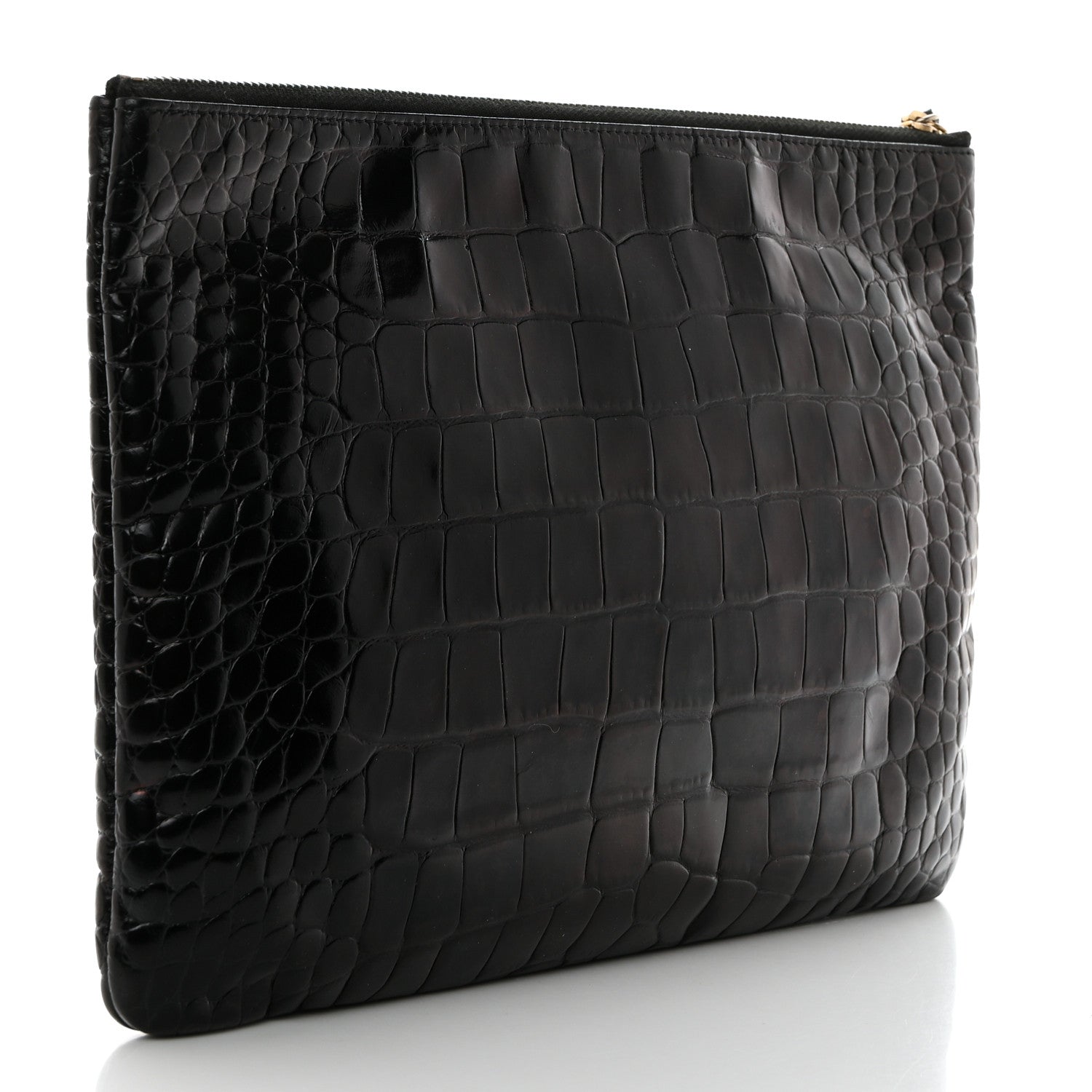Chanel Calfskin Crocodile Embossed Cocodile Medium Cosmetic Case Black Gold 3 of 7