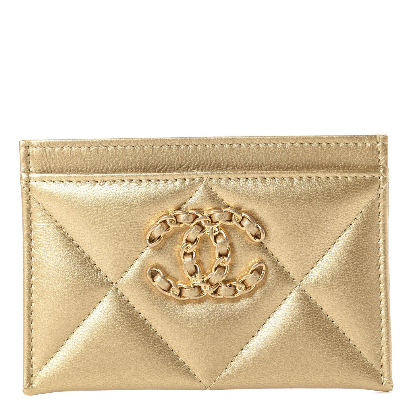 Metallic Goatskin Quilted Chanel 19 Card Holder Gold