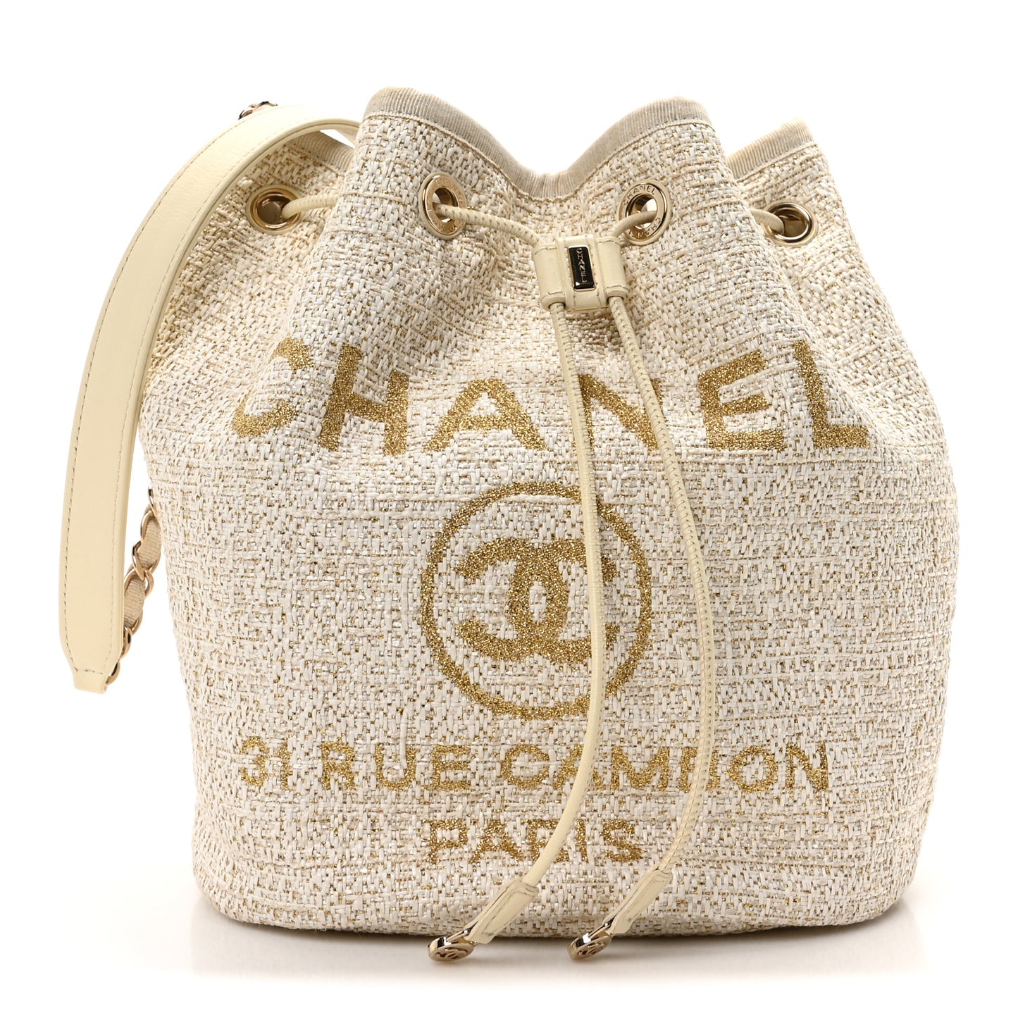 Lurex Boucle Deauville Drawstring Bucket Bag Ivory