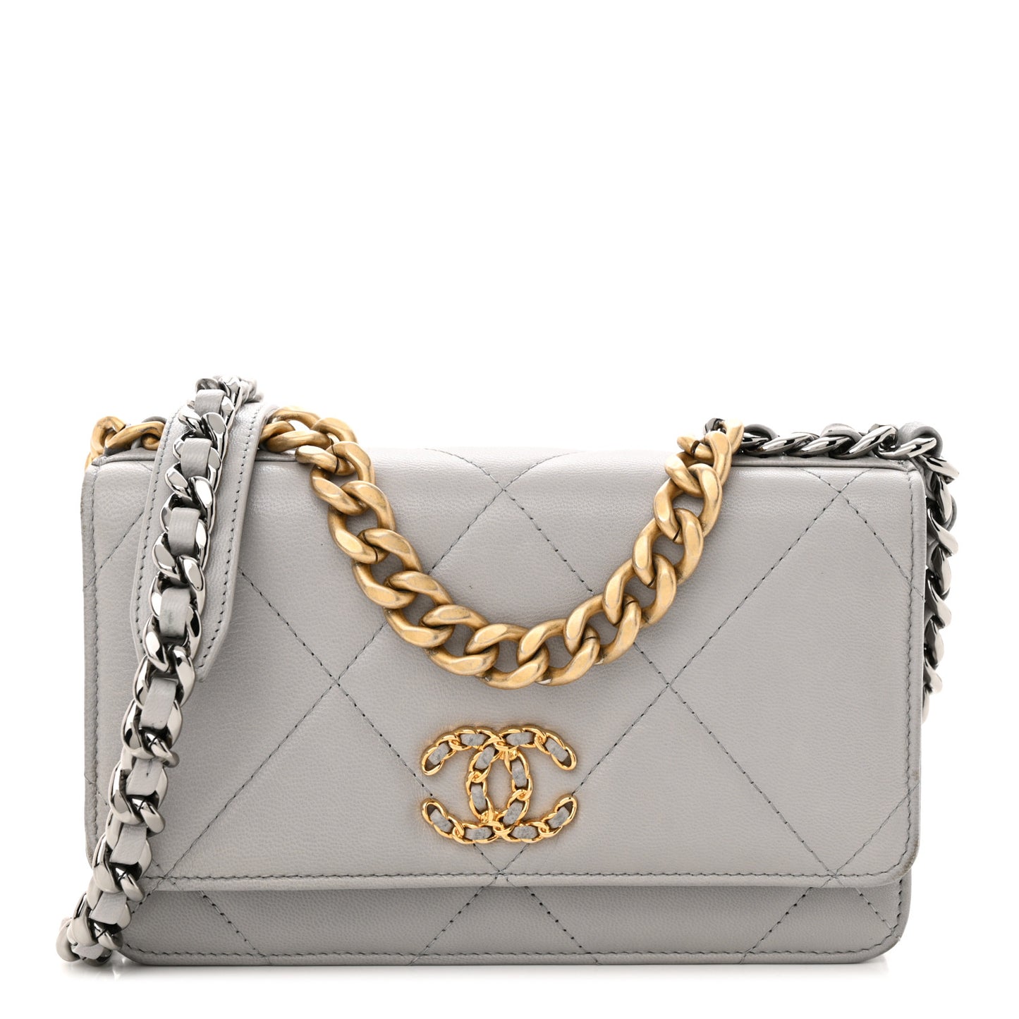 Lambskin Quilted Chanel 19 Wallet On Chain WOC Grey