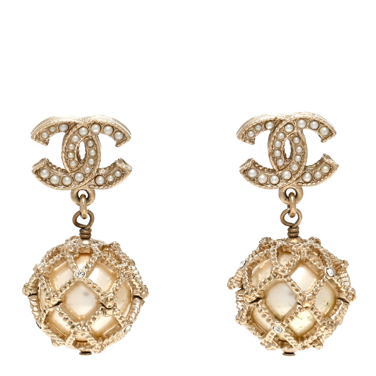 Pearl Caged CC Drop Earrings Gold