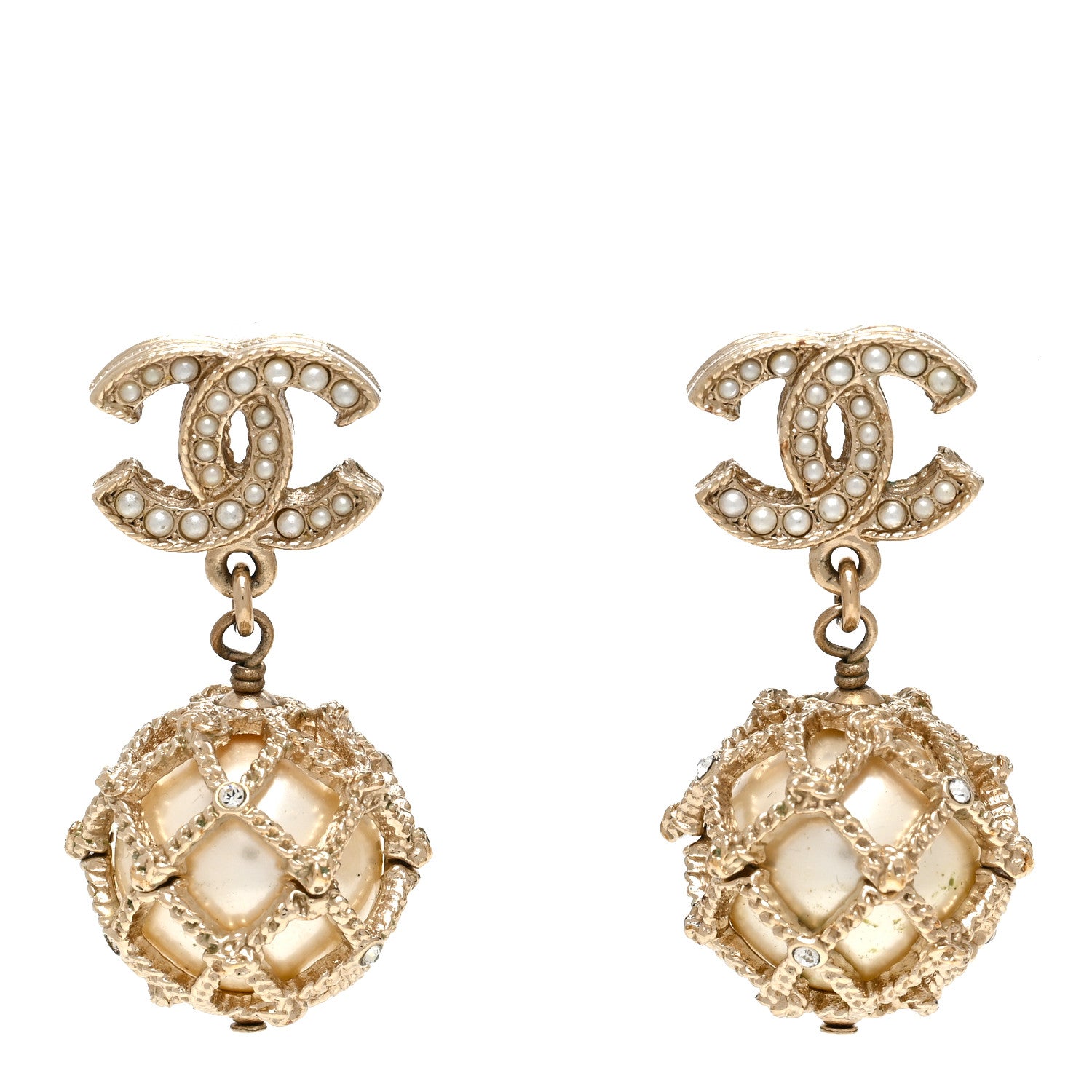 Chanel Pearl Caged CC Drop Earrings Gold 1 of 4