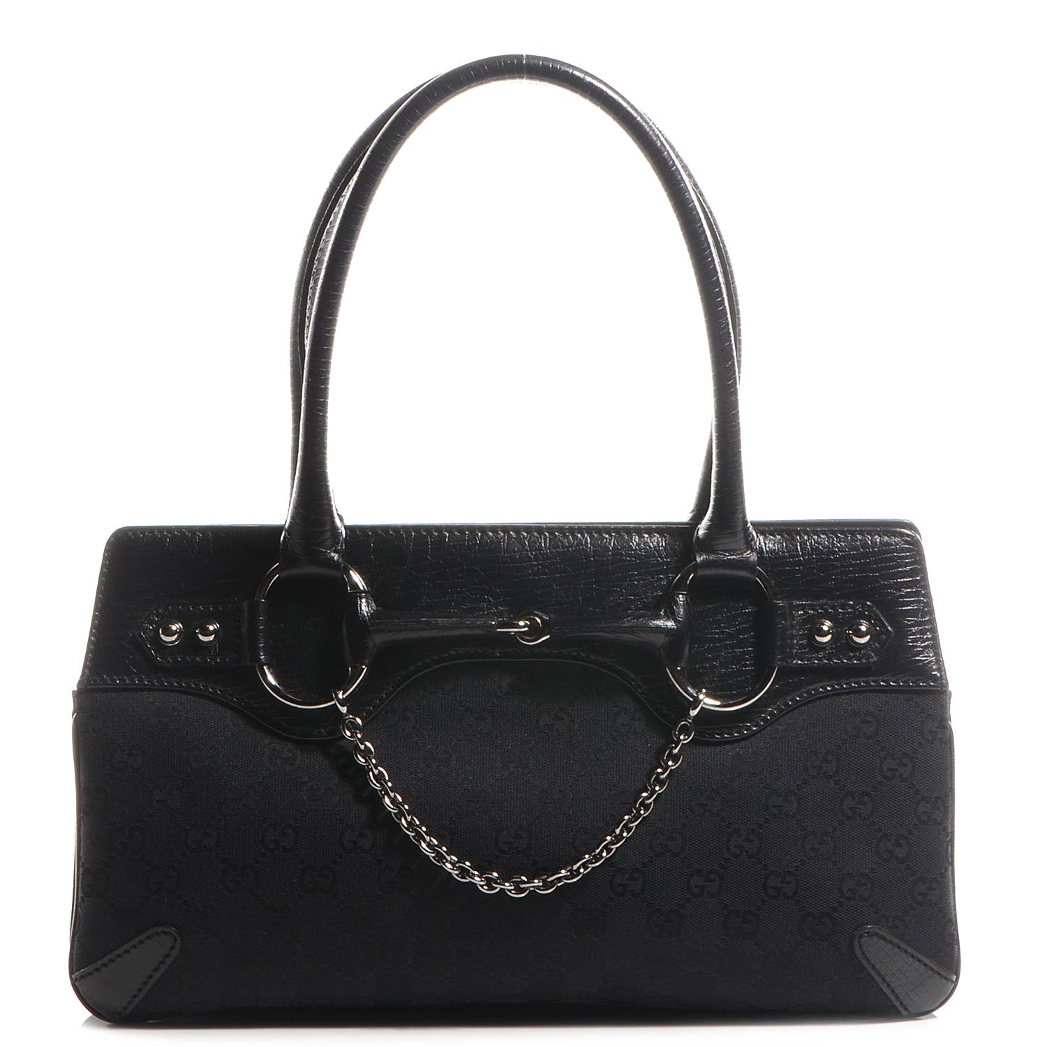 Gucci Monogram Horsebit Chain Shoulder Bag Black 1 of 7