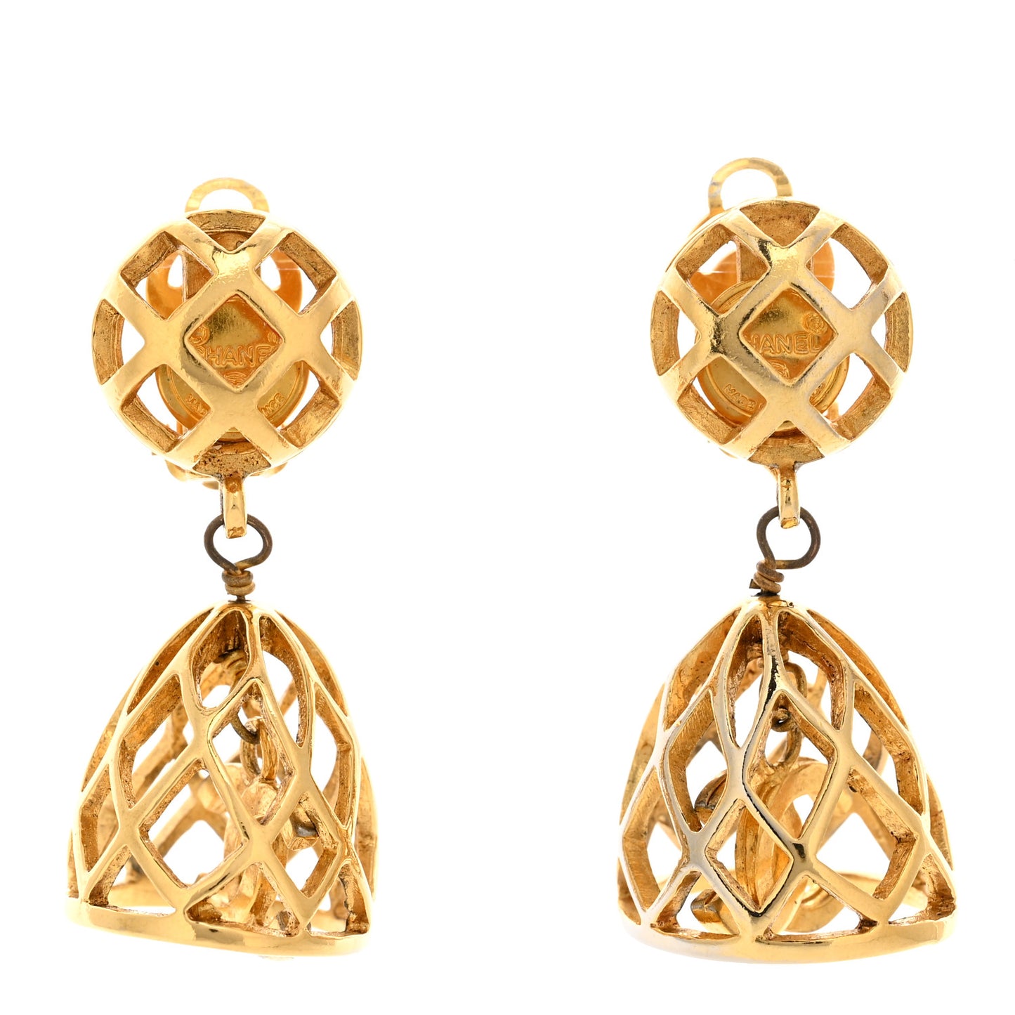 Metal CC Bird Cage Drop Clip On Earrings Gold