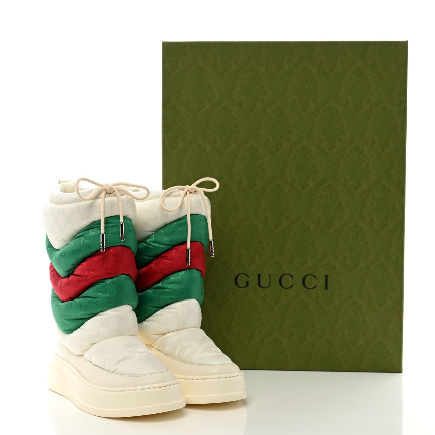 Nylon Jacquard Monogram GG Lace Up Snow Boots 35 White Red Green