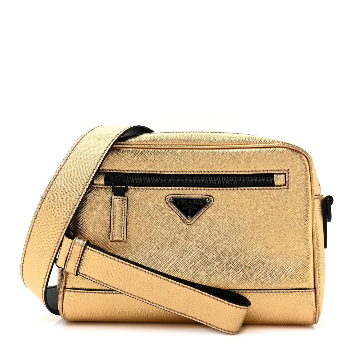 Prada Saffiano Travel Triangle Wristlet Crossbody Bag Platino Black 1 of 12